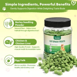 Whiskopia 4.23oz Cat Grass Treats for Indoor Cats Freeze-Dried Cat Grass Pellets for Hairball Control, Gut Health & Dental Care Natural Chicken & Egg Yolk Kitten Crunchy Training Snacks