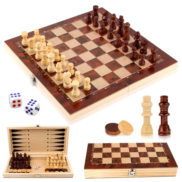 talifoca Wooden Chess Game, 3-in-1 Chess Board, Portable and Foldable