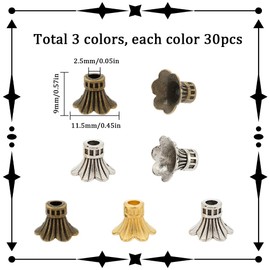 SUNNYCLUE 90PCS 3 Colors Flower Spacer Beads Golden Flower Beads Metal Petal Caps Tibetan Silver Bronze Alloy Connector Loose Spacers End Beads for Jewelry Making Beads DIY Bracelet Earring Craft