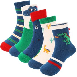 QKURT 5 Pairs Baby Boys Socks, Dinosaur Toddler Boy Socks Ankle Athletic Socks Soft Cotton Socks for Infants Toddlers Kids 1-8 Years Old, Blue