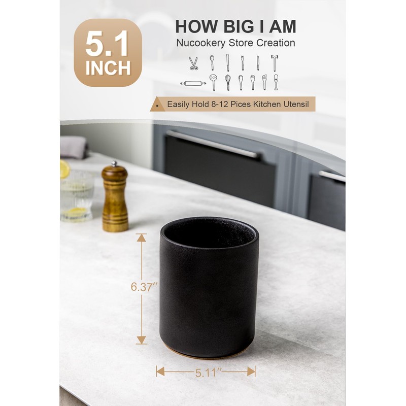 Nucookery Utensil Holder, 6.4" Ceramic Kitchen Utensil Holder with Countertop-Protection