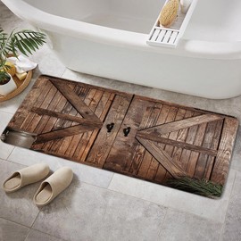 Jipusai Rustic Barn Door Bath Rugs, Vintage Countryside Farmhouse Wood Board Shower Mat Non Slip,Flannel Toilet Bath Mat Bathroom Decor 16X48IN