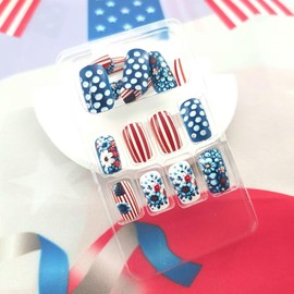 Independence Press on Nails Medium Square Fake Nails 4th of July Nails Press ons Red White Lines Dots Floral Design Blue Glue on Nails July 4th False Nails Artificial Stick on Nails for Women 24Pcs
