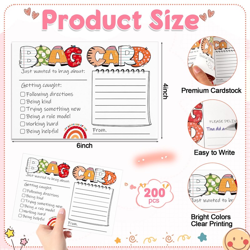 200 Pcs Teacher Mail Cards Brag Cards for Students Classroom