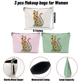 3 Pack Wildlower Funny Cat Gifts for Women Cat Lover Gifts Makeup Bag,Cosmetic Bags for Women,Mom Teacher Girls Trip Bachelorette Party Toiletry Bag Christmas Birthday Week Graduation Vacation