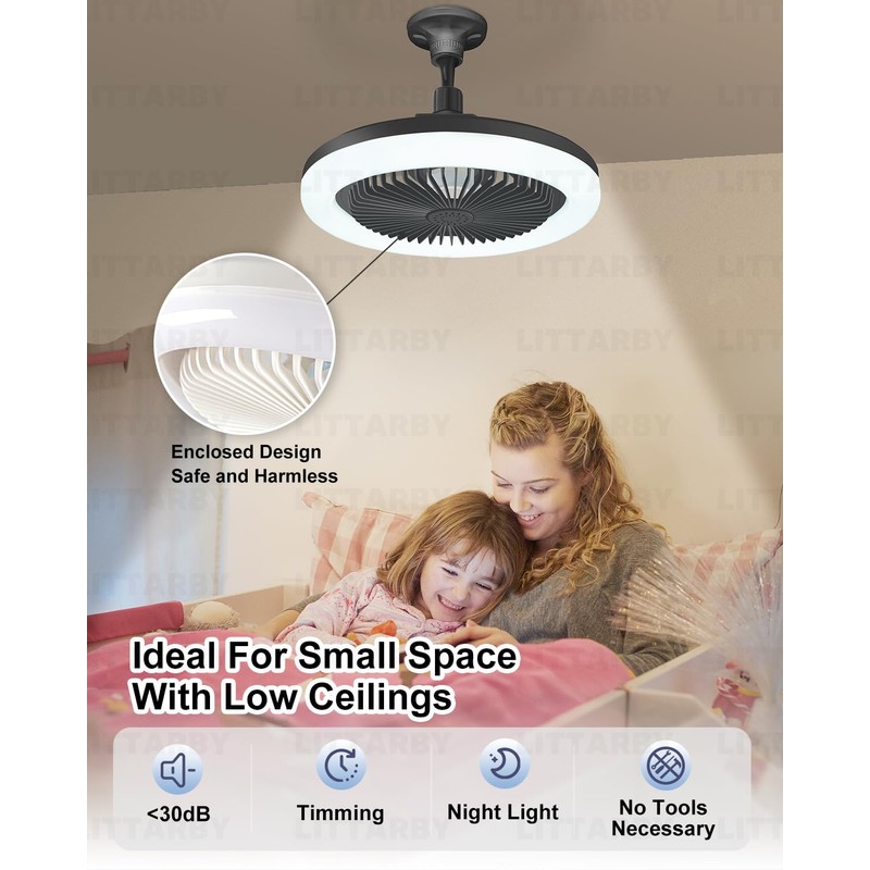 Socket Fan Light with Remote Control, 3 Colors 3000K-6500K Dimmable