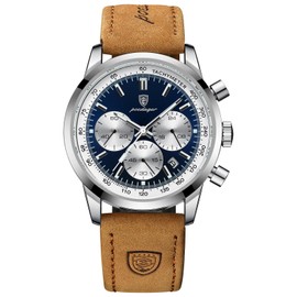 HUNRUY Fashion Business Mens Watches with Leather Band Waterproof Chronograph Quartz Watch for Men, Auto Date (Silver-Dark Blue)