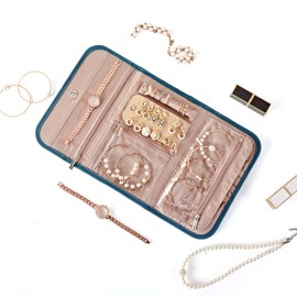 BELALIFE Travel Jewelry Case Organizer, Foldable Storage Roll for Earrings, Necklaces, Rings, Bracelets, Brooches, Lake-Blue
