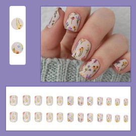 24 Pcs Off-white Press on Nails Short Square,MINGCHUN Fall Cute Daisy Fake Nails Press ons Acrylic Nail Art Tip Kit Full Cover False Nails Glue on Nails with Small Wild Flowers Glossy Design for Women