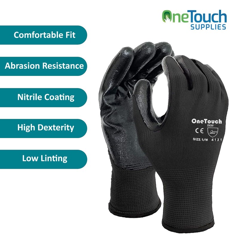 A406 12 Pair Black Nitrile Coated Gloves Work Gloves Nylon