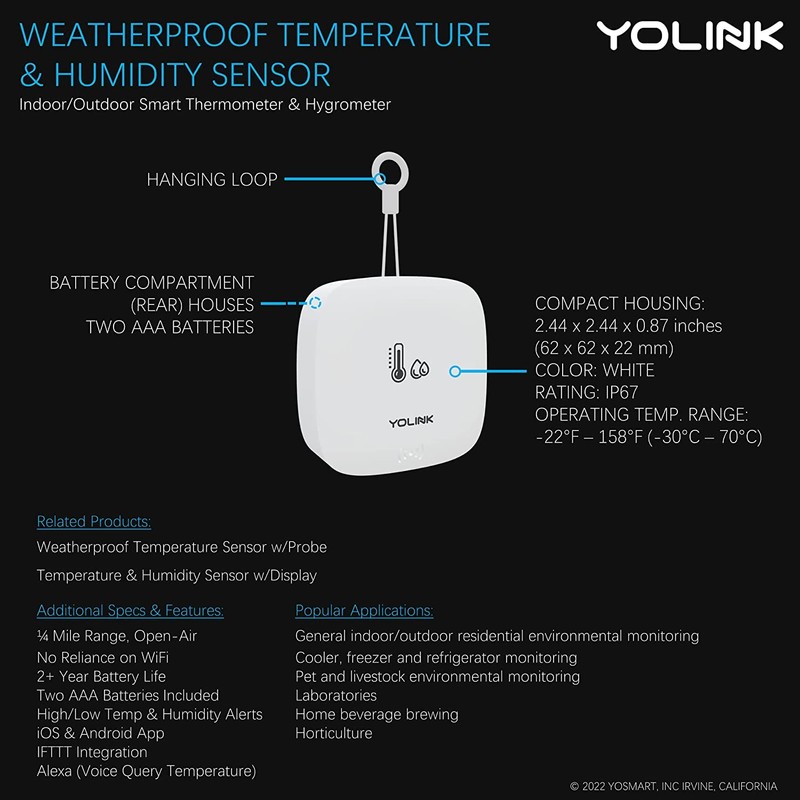 YoLink Smart Outdoor Temperature & Humidity Sensor, Hygrometer, Thermometer, 1000'
