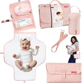 Premium Portable Diaper Changing Pad – CPC Certified Waterproof 2-in-1 Diaper Clutch & Changing Mat with Head Cushion – Bonus Insulated Bottle Bag – Travel Kit Gift for Baby Girls & Boys (Peach)