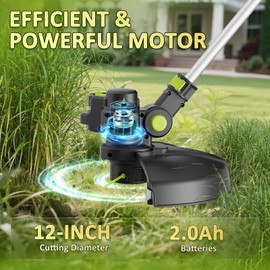 20V Cordless String Trimmer, Two 2.0Ah Battery Powered with Fast Charger, 12'' Grass Cutter with Auto Line Feed, 2-in-1 Electric Lawn Mower Grass Trimmer&Edger Lawn Tool with 8 Lines for Yard, Garden