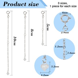 Toaob 3 pieces 925 sterling silver chain extender chains 5 cm 8 cm 10 cm bracelet extension chain for jewellery making