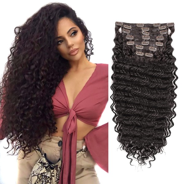 Clip in Hair Extensions Synthetic hair Clip in 140G 7Pcs/Lot Japanese Heat Resistant Fiber Hairpieces Deep Wave/ Body Wave/Straight hair (Deep Wave, Dark Brown 2#)