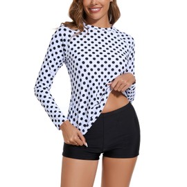 ATTIQOZI Long Sleeve Rash Guard Swimsuit for Women Two Piece UV Protection Bathing Suit with Boyshorts Swimming Suits for Women Polka Dot M