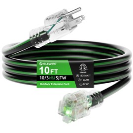 islewire 10FT 10/3 Outdoor Extension Cord, 10 AWG Ultra Heavy Duty 3-Prong SJTW, Waterproof, Flexible Cold-Resistant, Indoor/Outdoor, LED Lighted End, 15 Amp 1875W, Black & Green, ETL Listed