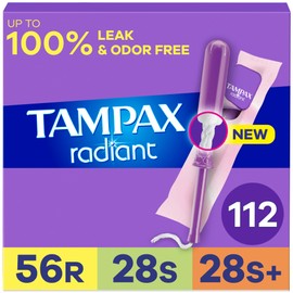 Tampax Radiant Tampons Multipack, with LeakGuard Braid, Regular/Super/Super Plus Absorbency, Unscented, 112 Count (4 Packs of 28)