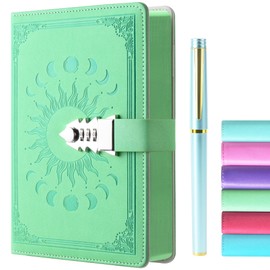 ZXHQ Diary with Lock - A5 Notebook with Pen Set, Refillable Leather Journal with Colourful Page Border for Girls, Women, Men and Teenagers, A5 Size (21 x 15 cm), Green