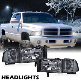 Front Headlights Assembly Headlamp Faros Conjunto De Faros Compatible with Dodge Ram 1500 2500 3500 1994-2002 Smoky lens Black Housing Clear Reflector 55076749AD 55076748AD 55076749AO 55076748AO