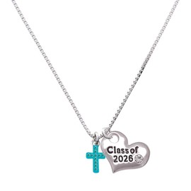 Delight Jewelry Silvertone Small Teal Crystal Cross Class of 2026 Heart Necklace, 17.5+2"