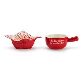 DEMDACO Tis The Season Red 16 Ounce Soup Crock and Pot Holder Bowl Cozy Set of 2