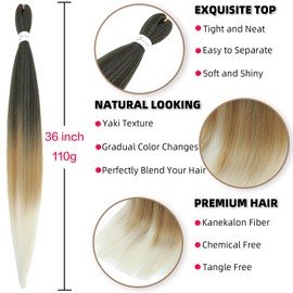 Xusuperb 36 inch Extra Long Pre Stretched Braiding Hair Extensions Ombre Black to Blonde EZ Braids Soft Yaki Colour T1B/27/613 Braiding Hair 6 Packs Kanekalon Synthetic Hair for Braiding(T1B/27/613#)