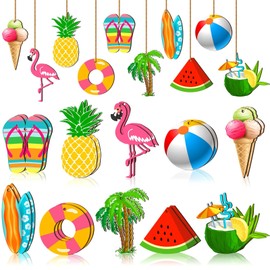 Summer Tree Decorations, Pack of 20 Wooden Pendants, Summer Decorative Pendants, Hawaii, Wooden Decoration, Hanging Beach Style, Hanging Decoration Wooden Summer with Rope for Windows, Doors, Gardens