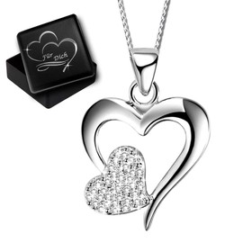 Women's Heart Necklace Made of Genuine 925 Sterling Silver with Round Cut Zirconia, Silver, K615+v12 Gravur "für Dich"