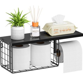VITVITI Toilet Paper Holder with Shelf, Wall Mounted Toilet Paper Storage Basket, Wood Metal Toilet Roll and Wipes Holder for Bathroom Farmhouse (Black)