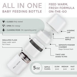 MILK & WATER All in One Baby Bottle & Baby Formula Dispenser On The Go, 5oz - Keeps Water Warm & Formula Fresh - Baby Formula Mixing Bottle with Anti Colic Nipple - Leak-Proof - 3+ Months (White)