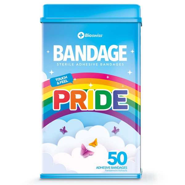 BioSwiss Bandages, Rainbow Pride Shaped Self Adhesive Bandage, Latex Free Sterile Wound Care, Fun First Aid Kit Supplies, 50 Count