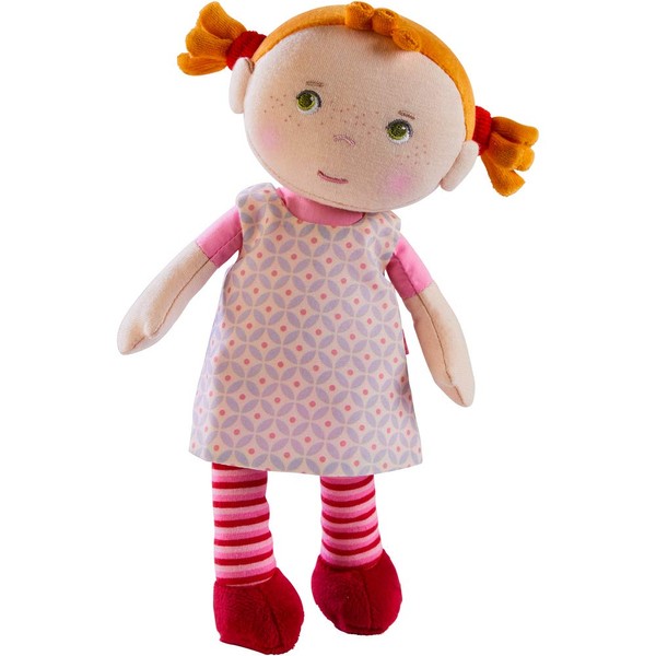 HABA Snug Up Roya - 10" Soft Doll with Fuzzy Red Pigtails, Embroidered Face and Removable Pink Dress (Machine Washable) for Ages 18 Months +