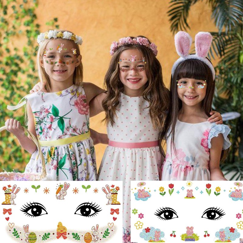 10 Pcs Easter Bunny Face Stickers - Glitter Temporary Face