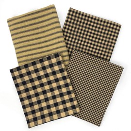 Set of 4 Fat Quarters, Primitive Black Assorted Plaid Gingham Homespun Cotton Bundle by JCS