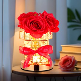 Flower Lamp with Roses - Birthday Gifts for Women Mom, Fake Flowers in Vase, 3 Color Temps & Dimmable, Valentines Day Mothers Day Nightstand Office Decor for Women (Red)