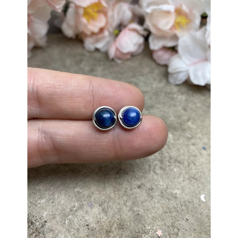Handmade Sterling Silver Kyanite Stud Earrings, Blue Gemstone Post Earrings