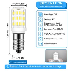 E12 LED Bulb 40w Replacement Type B LED Candelabra Bulbs C7, Daylight White 6000K, E12 4W Fridge Water Dispenser Light Bulb for for Chandeliers Home Lighting Refrigerator/Dryer Drum Light,2 Pack