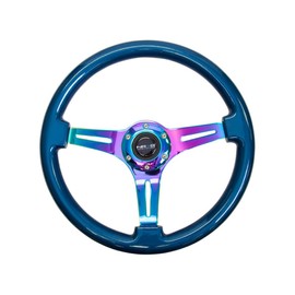 NRG Innovations Blue Wood Wheel, 350mm, 3 Spoke Center in NEO Chrome Steering Wheel