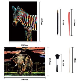 Georgie Porgy Scratch Art Paper Set DIY Arts Craft Kits for Kids Adults Magic Rainbow Cards Boards Christmas Birthday Present for Boys Girls (A3-Elephant + Zebra)
