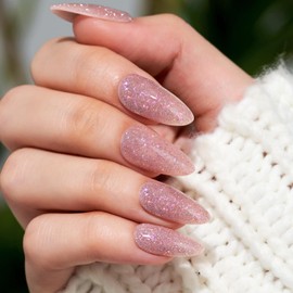 Glitter Pink Press on Nails Almond,WOOYAS Stiletto Medium False Nail Tips Kits with Mini Nail File, Supremely Fit & Natural Fake Nail with Nail Glue in 12 Sizes -24PCS Glue On Nail Kit