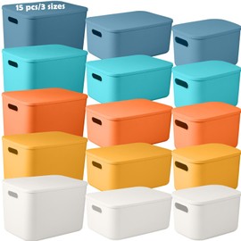 Menkxi 15 Pcs 3 Sizes Plastic Storage Bins with Lid Storage Containers Plastic Box with Lid and Handle Cabinet Bins for Organizing Mixed Colorful Stackable Cubby Storage Baskets for Kitchen Shelves