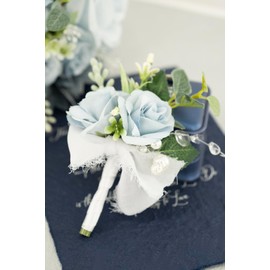 Floinla Dusty Blue Corsage and Boutonniere Set for Wedding Prom, Artificial Flower Wrist Corsage Bracelets, Homecoming Corsage Wristlet, Boutonniere for Men Wedding Suit Decorations