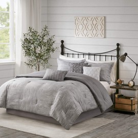Madison Park Walter Comforter - Luxe Seersucker Print Design, All Season Down Alternative Bedding, Matching Shams, Bedskirt, Decorative Pillows, Grey Cal King(104"x92") 7 Piece