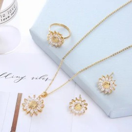 Collar Girasol Para Mujer Chapado En Oro De 18 Quilates Oro 18k Aretes Anillo Tres Piezas