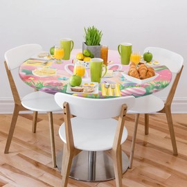 cfpolar Round Fitted Tablecloth, Easter Eggs Cute Bunny Elastic Edge Table Cover Wipeable Round Table Cloth for Indoor Outdoor Use Fits Tables up to 45-50inch Diameter