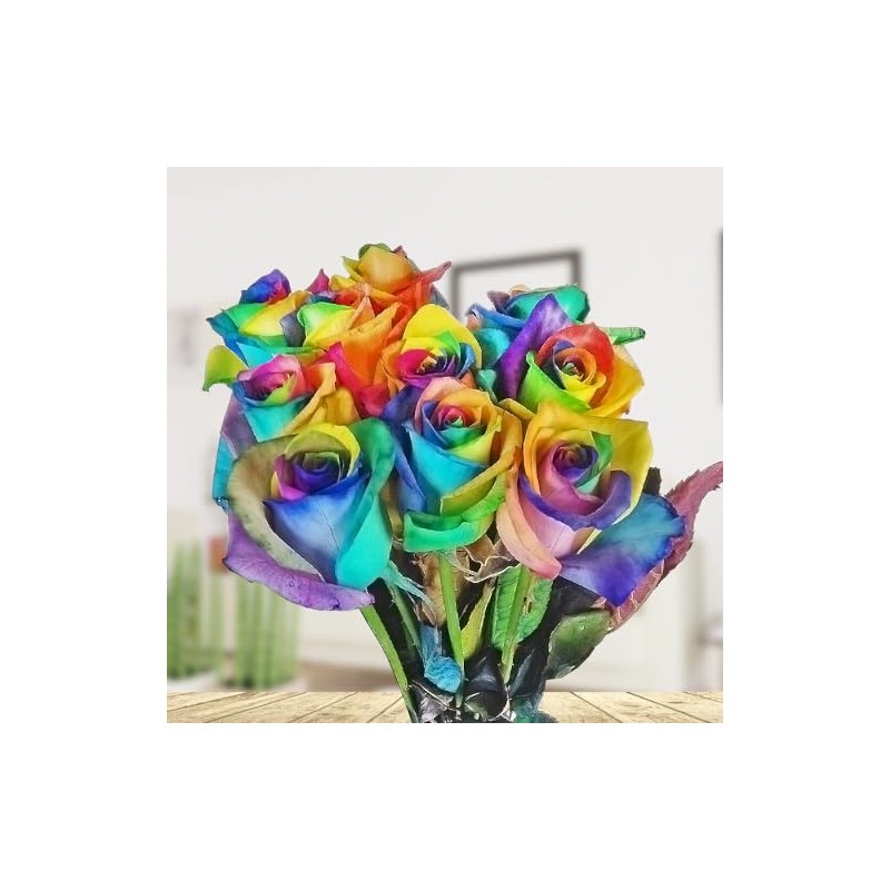 Colourful Flowers: 10 Real Rainbow Roses - Long Handled -