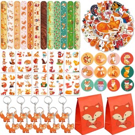 YYMYMGJ Fox Party Favors 110 PCS Fox Theme Slap Bracelets Sticker Key Chains Badge Temporary Tattoos Gift Bags for Kids Woodland Creatures Fox Birthday Party Baby Shower Jungle Safari Party Supplies