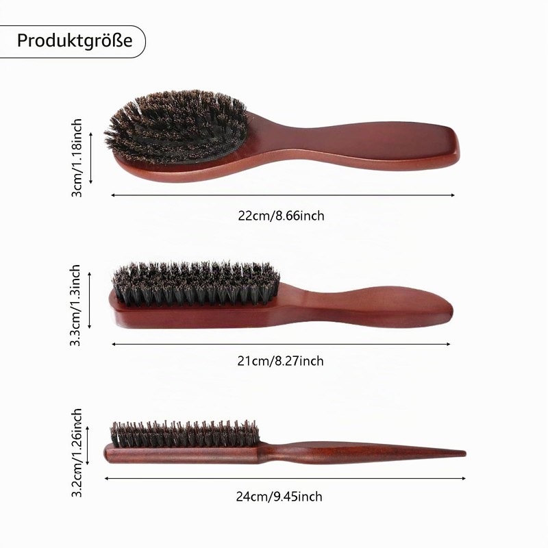 Pack of 3 Boar Bristle Brush Hair Brush with Wooden