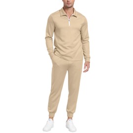 MoFiz Men's Track Suit Set 1/4 Zip Long Sleeve Jogging Top Bottom Fashion Casual Tracksuit Outfits Drawstring Elastic Waist with Pockets Khaki Size US XL